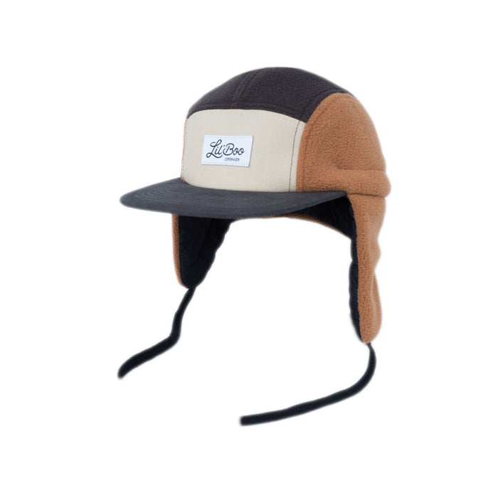 Cap, blokkfleece 5-panel med ører - Brun (Størrelse L, 4-7 år)