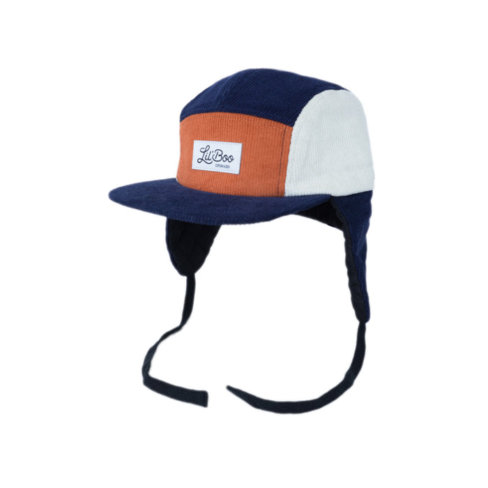 Cap, Corduroy-blokk 5-panel med ører - Navy / Carmel (Størrelse M, 1,5-3 år)