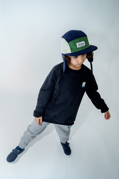 Cap, Corduroy-blokk 5-panel med ører - Navy / grønn (Størrelse L, 4-7 år)