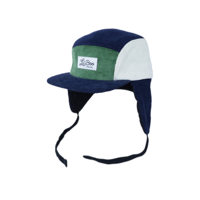 Cap, Corduroy-blokk 5-panel med ører - Navy / grønn (Størrelse L, 4-7 år)