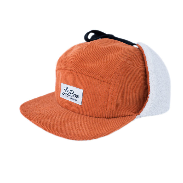 Cap, Teddy cordfløyel 5-panel med ører - Karamell (størrelse M, 1,5-3 år)