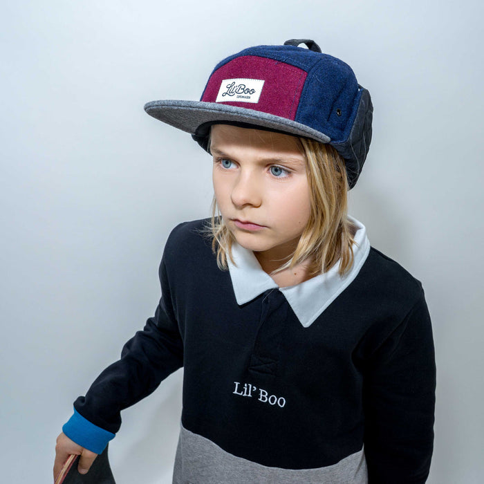 Cap, Ullblokk 5-panel med ører - Burgund / Grå / Navy (Størrelse M, 1,5-3 år)