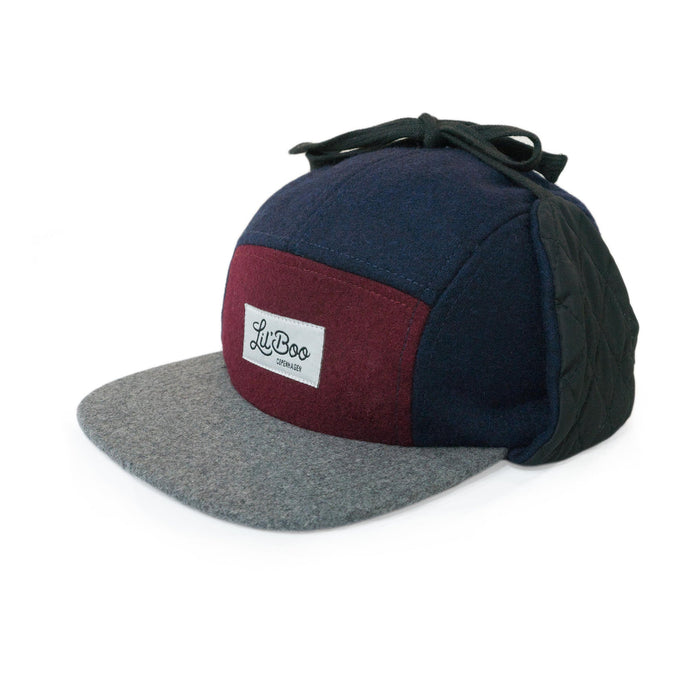 Cap, Ullblokk 5-panel med ører - Burgund / Grå / Navy (Størrelse L, 4-7 år)