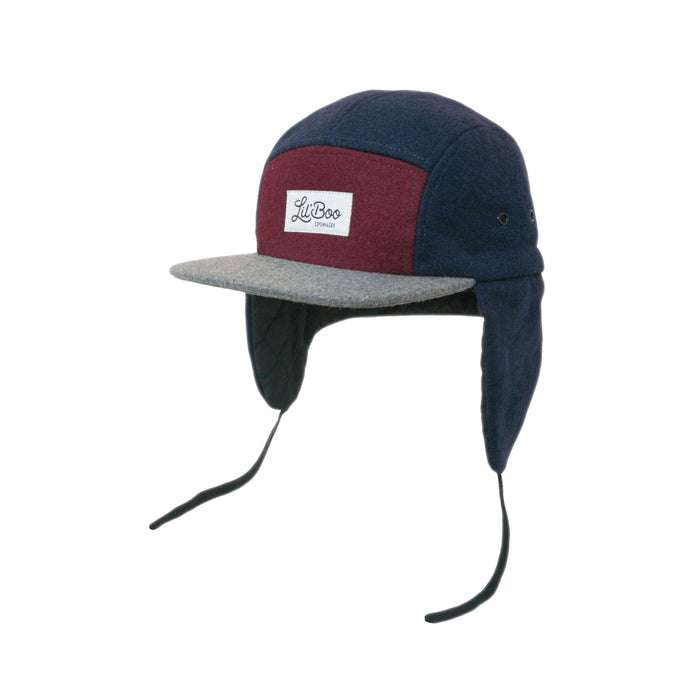 Cap, Ullblokk 5-panel med ører - Burgund / Grå / Navy (Størrelse XL, 7-14 år)