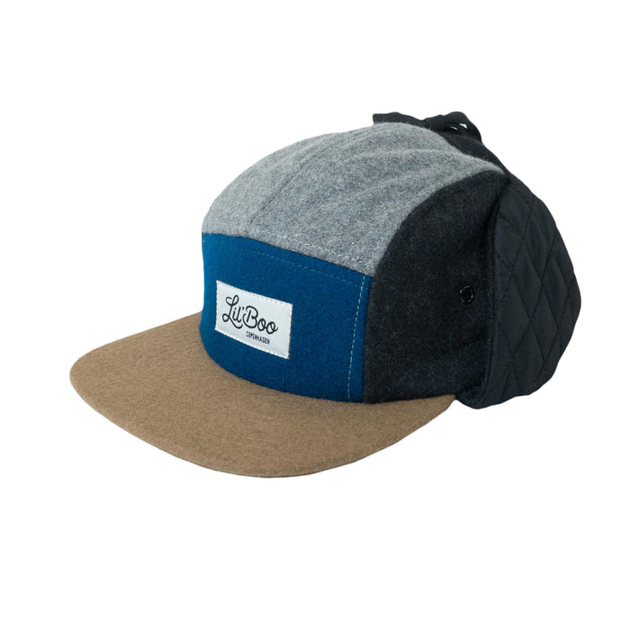 Cap, Ullblokk 5-panel med ører - Grå/blå (Størrelse L, 4-7 år)