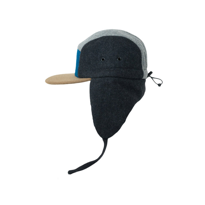 Cap, Ullblokk 5-panel med ører - Grå/blå (Størrelse L, 4-7 år)