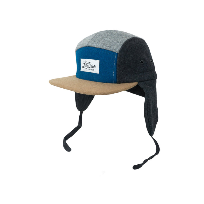 Cap, Ullblokk 5-panel med ører - Grå/blå (Størrelse M, 1,5-3 år)